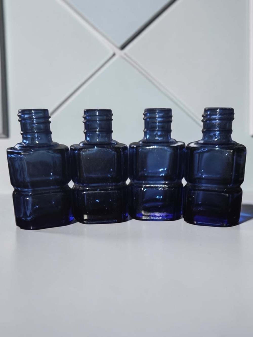 Lot of 4 Vintage Cobalt Blue Glass Square Inkwell / Apothecary Bottles